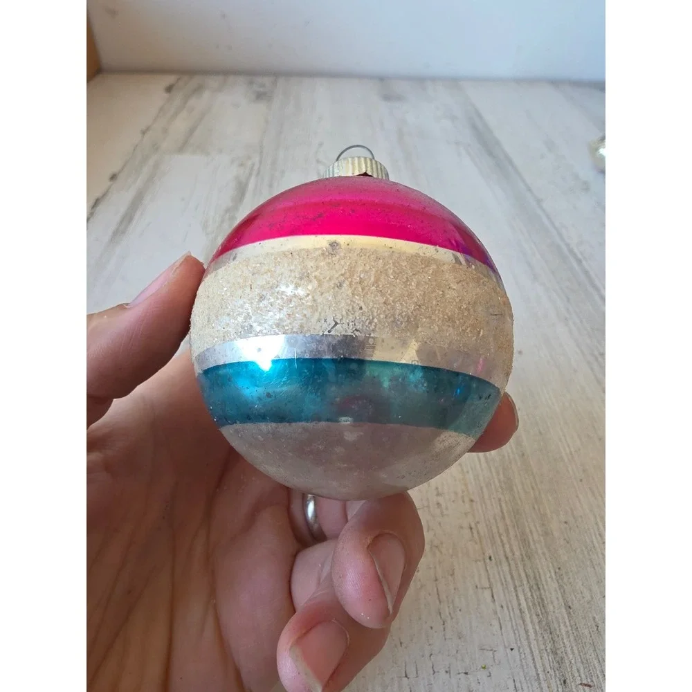 Vintage shiny Brite Mica red white blue striped glass ornament Xmas tree